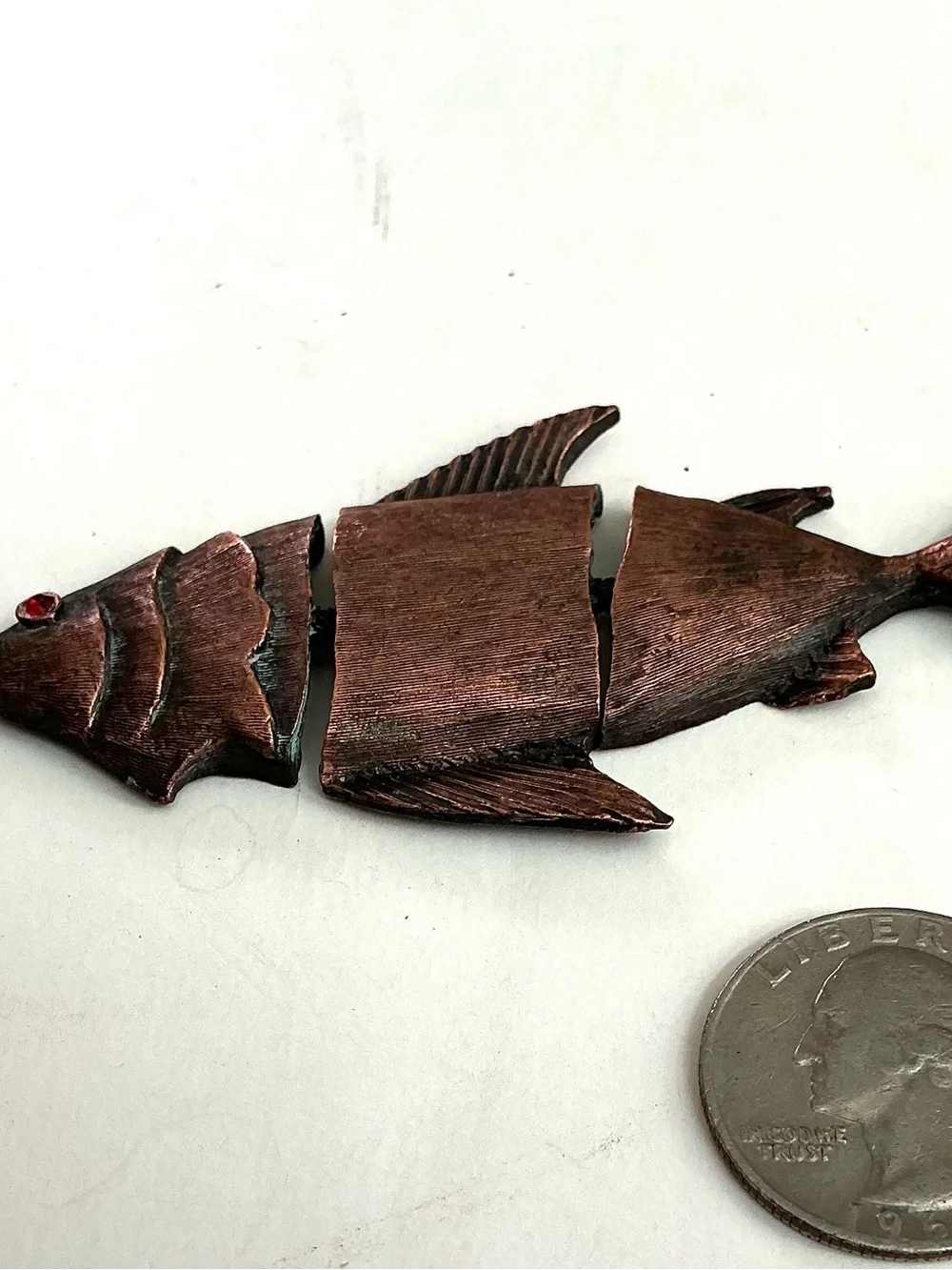 Vintage copper articulated fish pendant